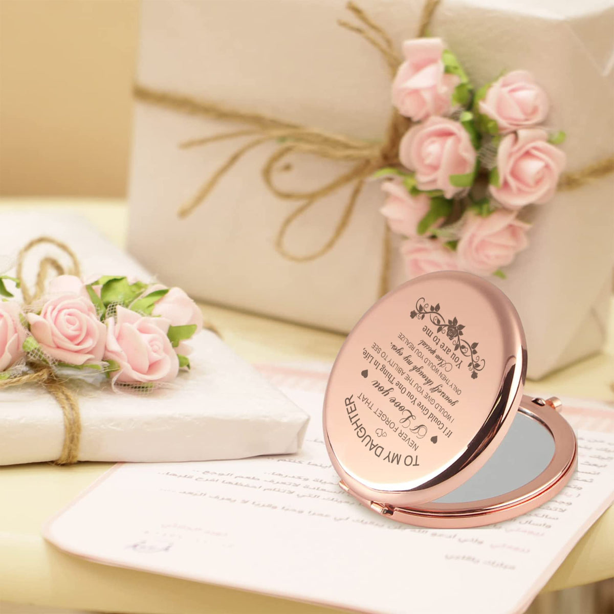 GAOLZIUY portable rose gold mirror fits in a purse for on-the-go use