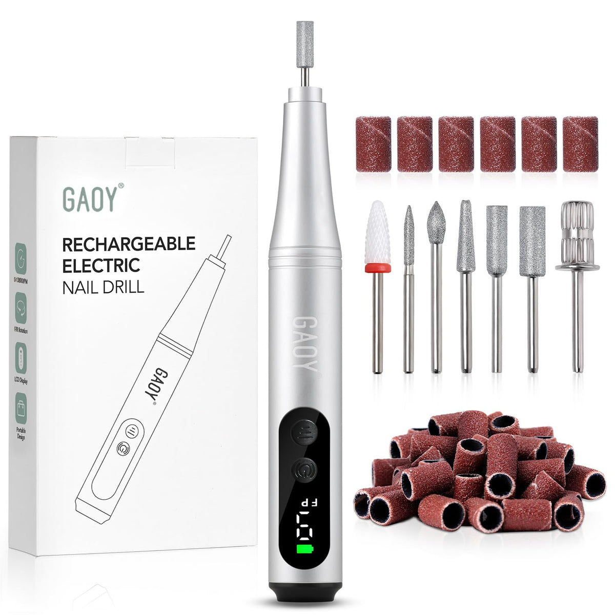 GAOY cordless nail file with LED display showing speed and battery for precise manicures