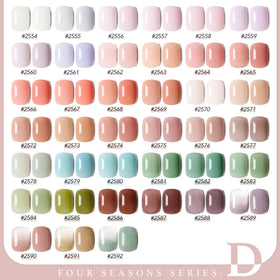 GAOY gel polish bottles closeup in pastel jelly pinks and greens for seasonal looks