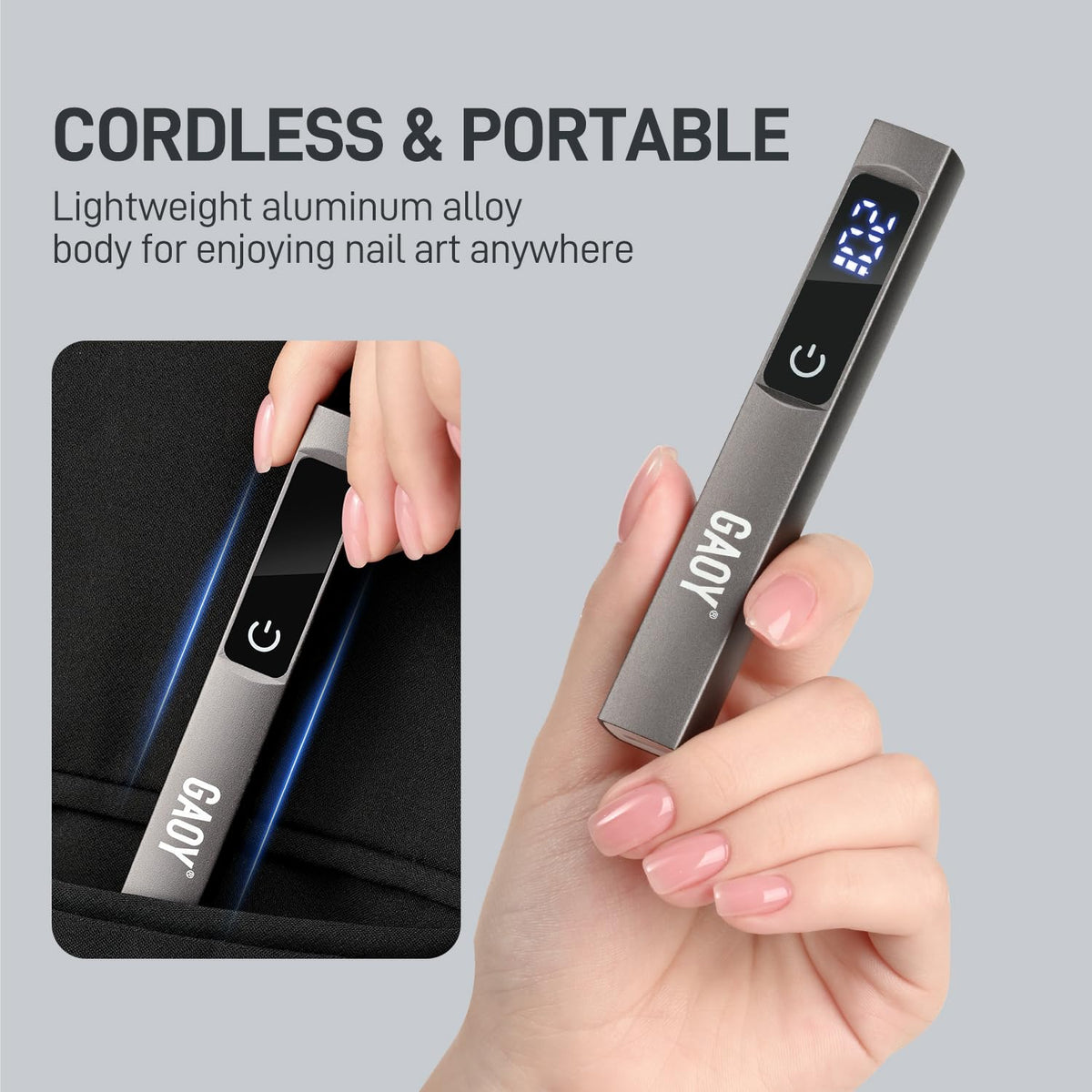 GAOY LCD display shows curing time and battery life clearly.