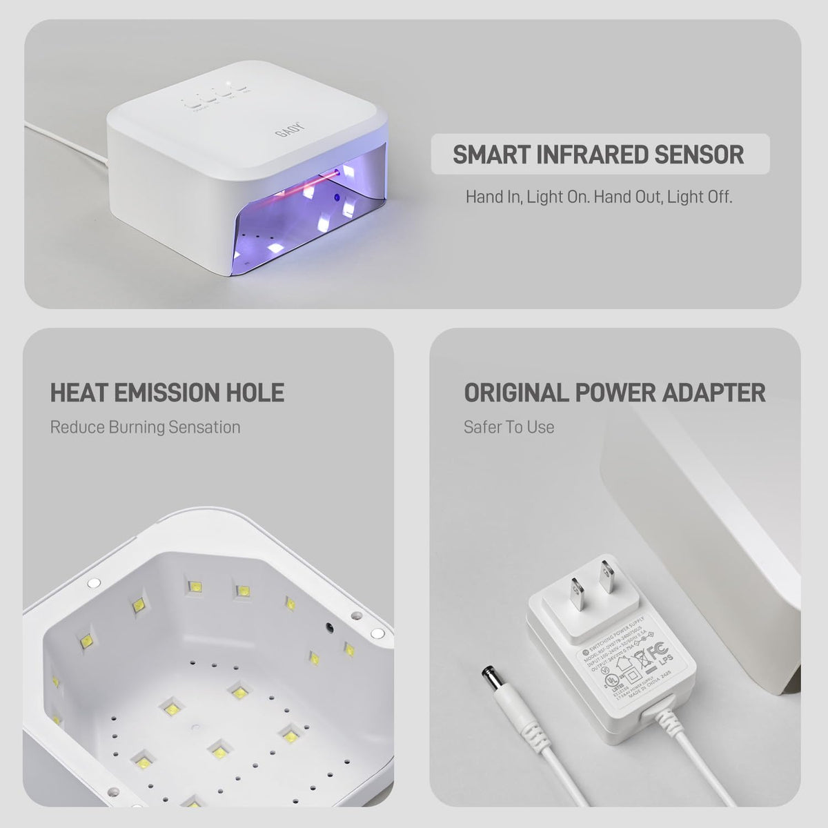 GAOY UV nail lamp packaging includes manual and power adapter.