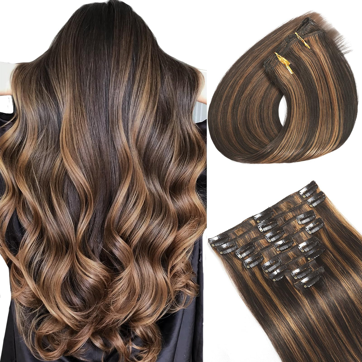 GAOYIFU clip-in extensions with Brazilian Remy hair for natural blending and added volume.