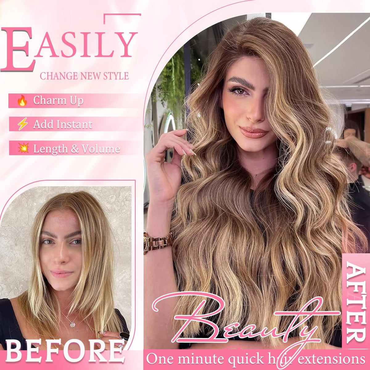 GAOYIFU seamless balayage clip-ins blend with straight hair for a seamless finish.