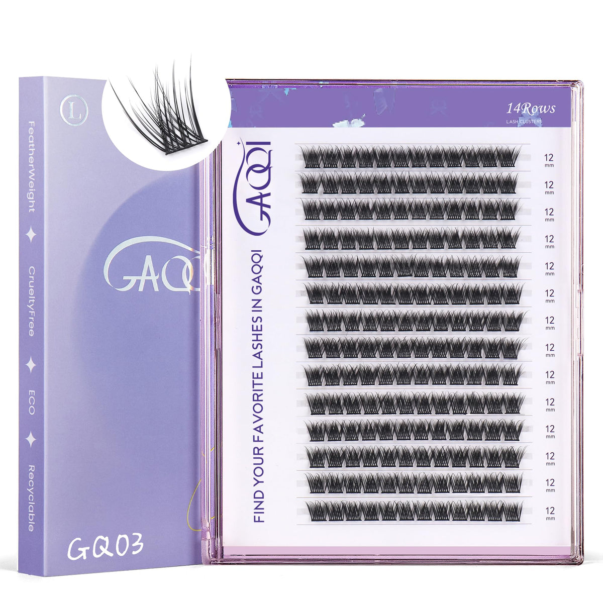 GAQQI GQ03 lash clusters 12mm C-curve for natural definition and easy DIY.