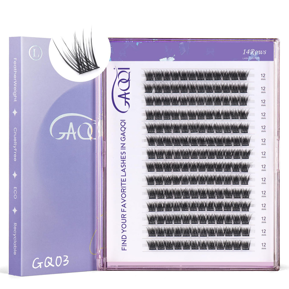 GAQQI GQ03 lash clusters close-up, showing 12mm D-curve for natural wispy look