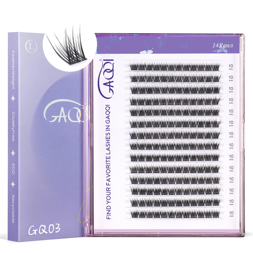 GAQQI GQ03 lash clusters, D-curve 10mm, for a natural, lifted eye look.