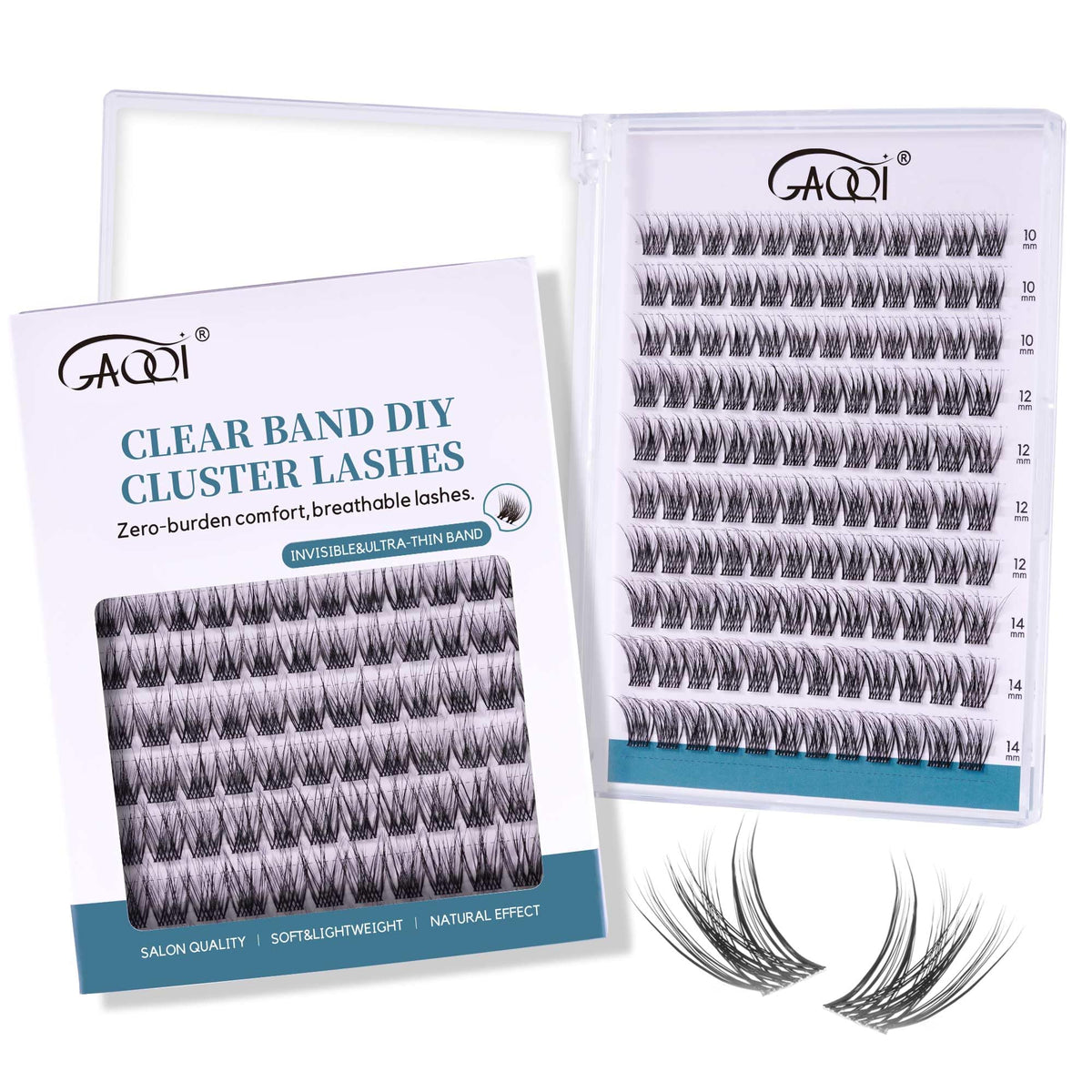 GAQQI Lash Clusters with wispy natural look and ultra-thin clear band for blending.