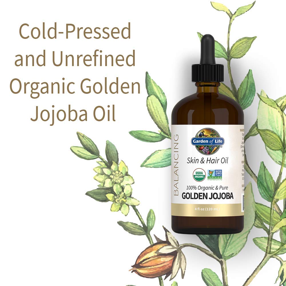 Garden of Life Jojoba Oil ingredients label highlighting 100% organic, cold-pressed purity.
