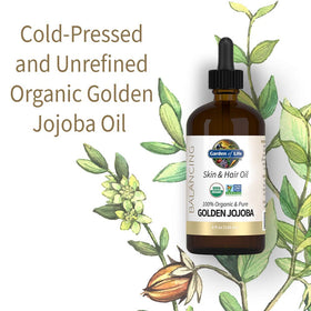 Garden of Life Jojoba Oil ingredients label highlighting 100% organic, cold-pressed purity.