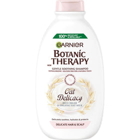 Garnier Botanic Therapy shampoo with oat delacay rice cream for gentle cleansing.