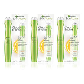 Garnier Clearly Brighter anti-puff eye roller bottle with cooling gel texture for refreshed look