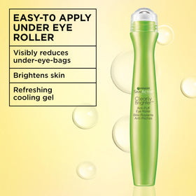 Garnier Clearly Brighter anti-puff eye roller packaging close-up highlighting compact roll-on