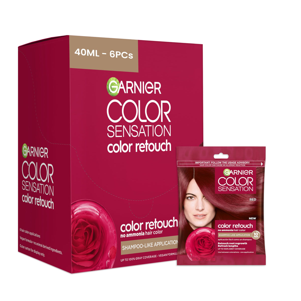 Garnier Color Retouch 6-6 Red packaging highlights easy home root touch-up.