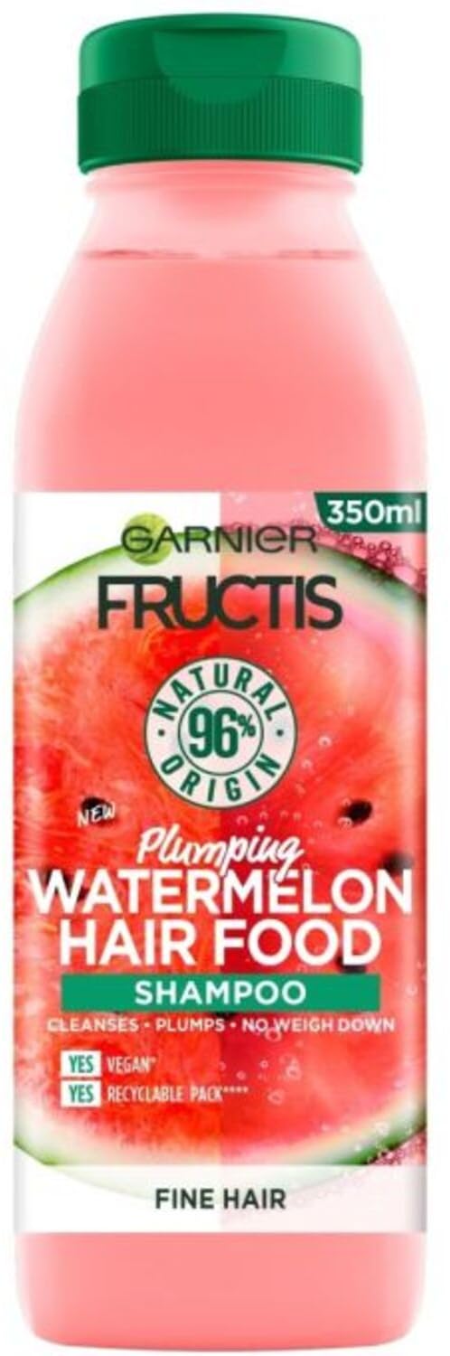 Garnier Fructis Hair Food Watermelon Shampoo pump image emphasizes silicone-free, vegan cleansing for thin hair.