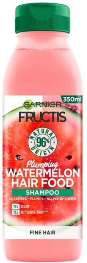 Garnier Fructis Hair Food Watermelon Shampoo pump image emphasizes silicone-free, vegan cleansing for thin hair.