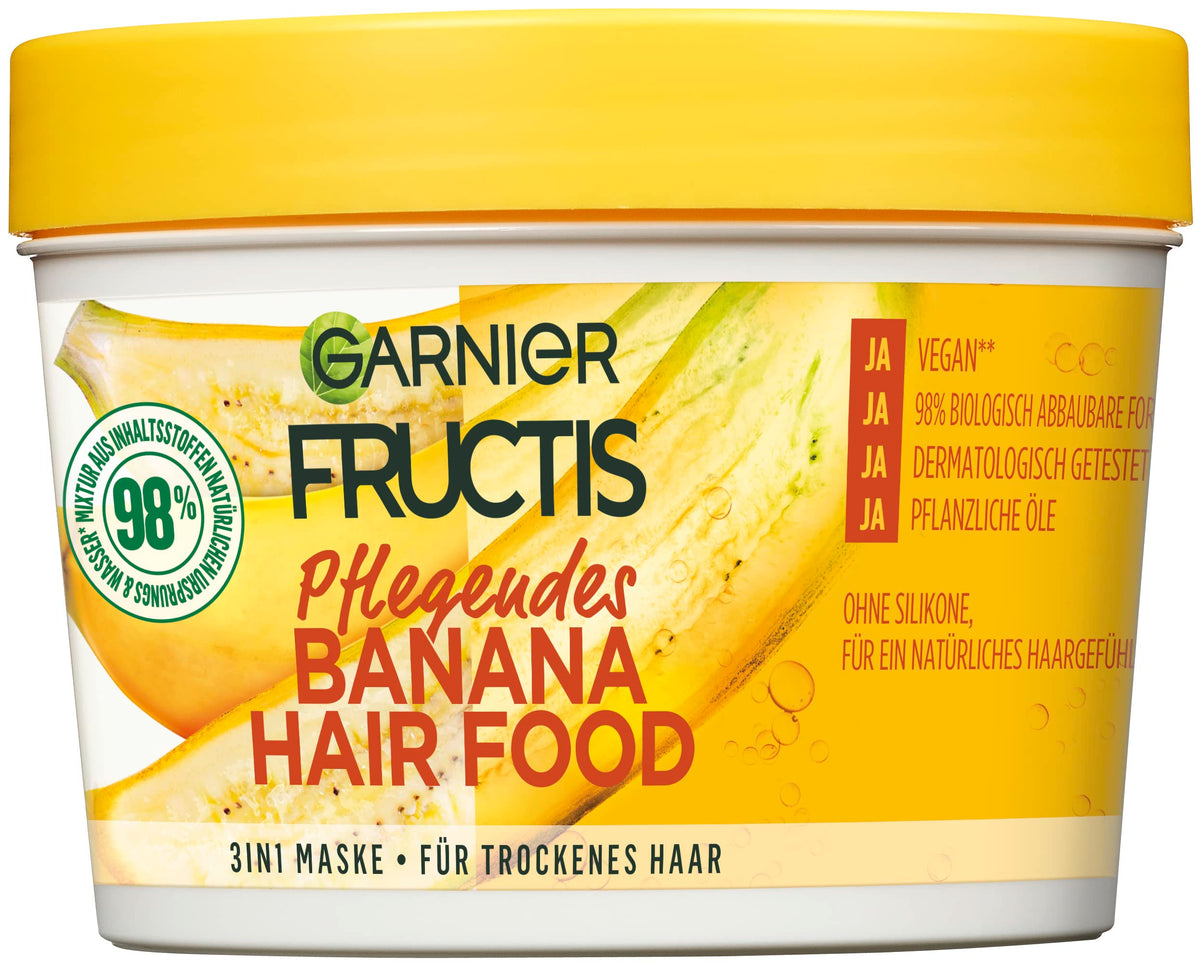 Garnier Fructis Nourishing Banana Hair Food bottle close-up shows rich hydration for dry hair