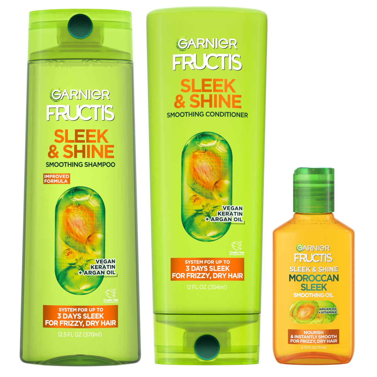 Garnier Fructis Sleek & Shine shampoo bottle with argan oil for frizz control and shine.