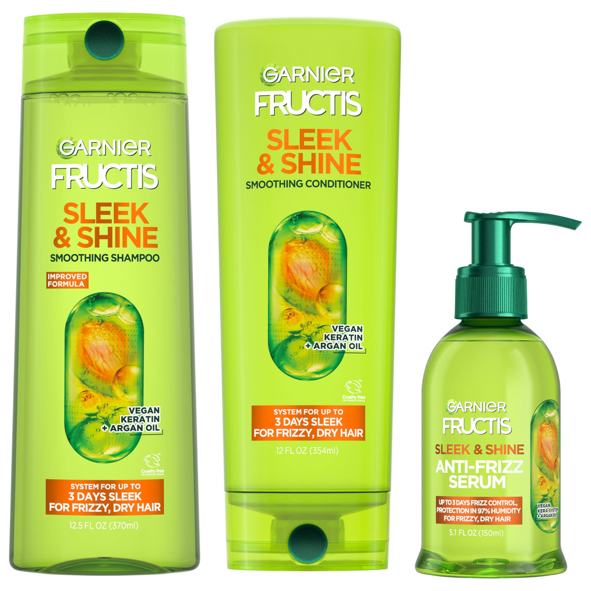 Garnier Fructis Sleek & Shine shampoo bottle showing long‑lasting frizz control