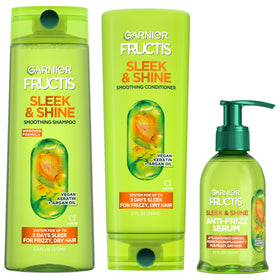 Garnier Fructis Sleek & Shine shampoo bottle showing long‑lasting frizz control