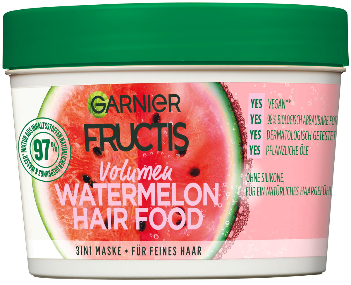 Garnier Fructis Watermelon Hair Food bottle; 3-in-1 moisture.