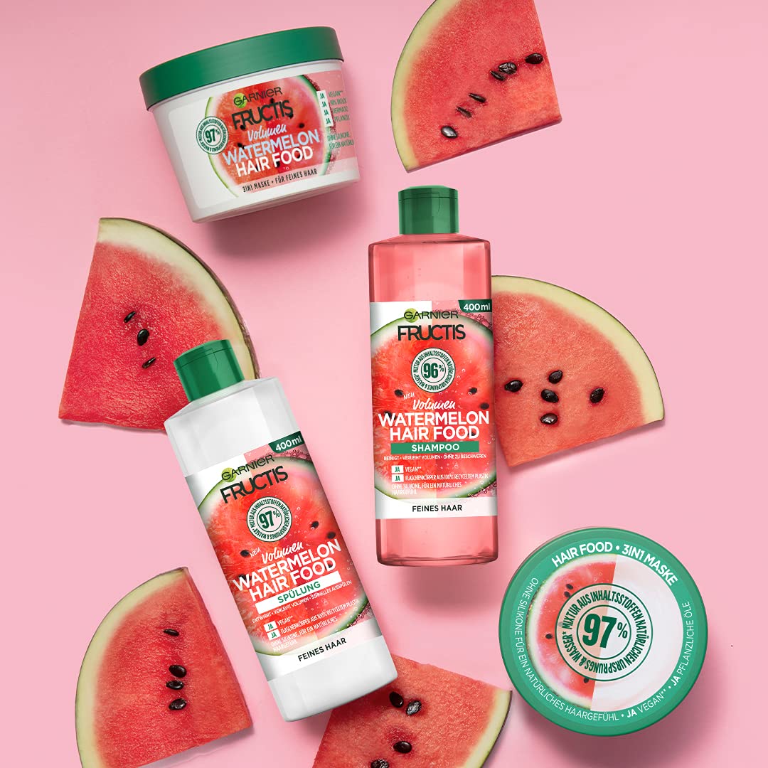 Garnier Fructis Watermelon Hair Food texture close-up; lightweight hydration.
