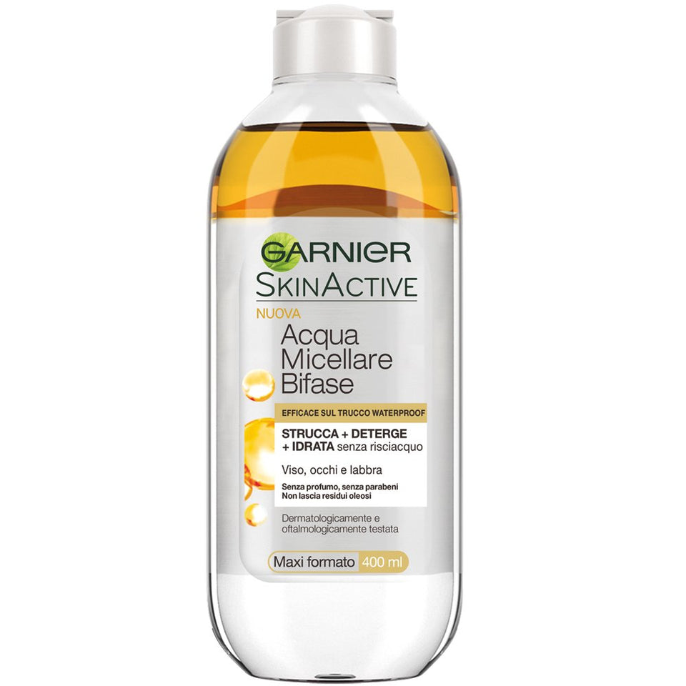 Garnier Micellar Water with Argan Oil bottle pour showing quick makeup removal