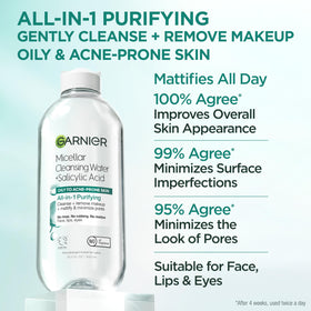 Garnier Micellar Water used on eyes and lips for gentle makeup removal.