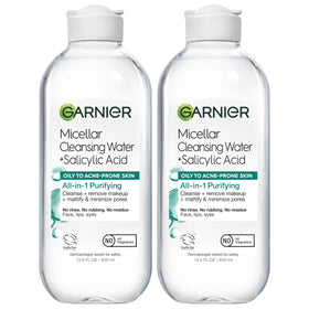 Garnier Micellar Water with Salicylic Acid bottle pouring, quick cleansing for oily skin.