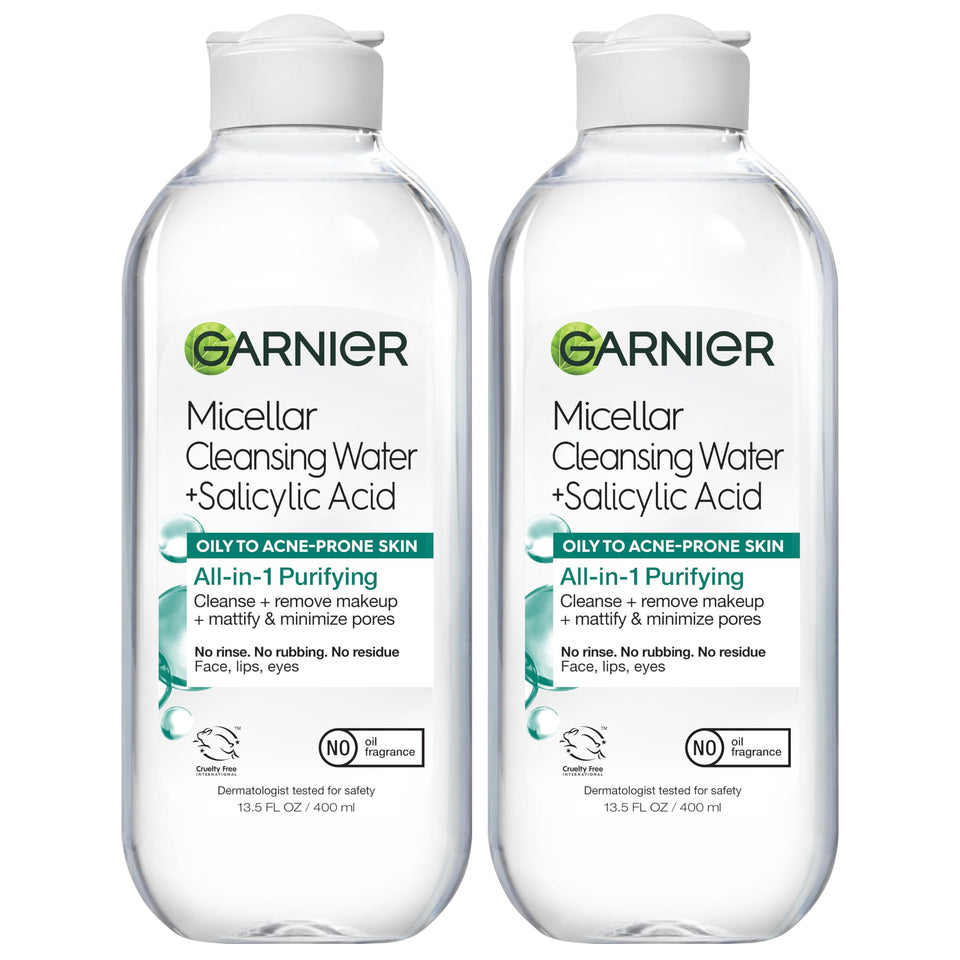 Garnier Micellar Water with Salicylic Acid bottle pouring, quick cleansing for oily skin.