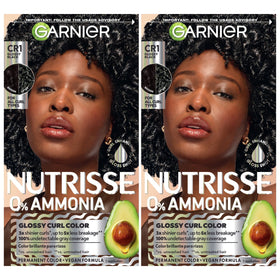 Garnier Nutrisse 0% Ammonia Glossy Curl Color bottle displays vibrant curl color and hydration.