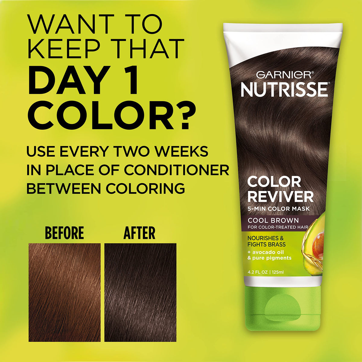Garnier Nutrisse Color Reviver rinse showing brass reduction on hair.