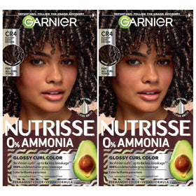 Garnier Nutrisse Glossy Curl Color bottle shows ammonia-free formula for curls
