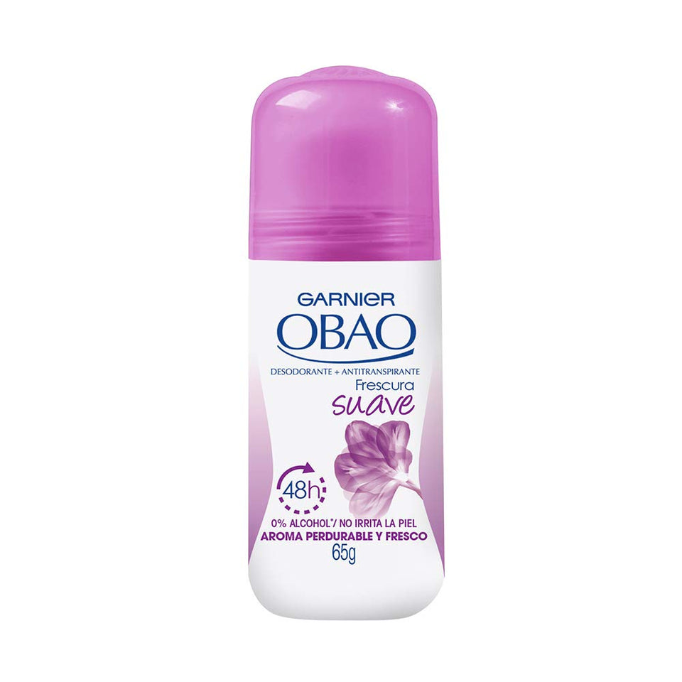 Garnier OBAO roll-on bottle close-up showing 48-hour protection for daily freshness.