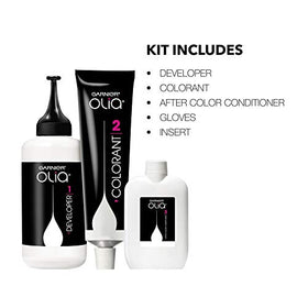 Garnier Olia color developer bottle beside the colorant tube for even coverage.