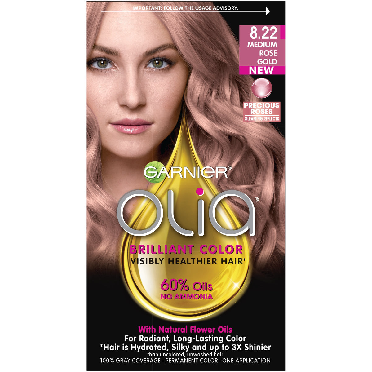 Garnier Olia box shows oil-powered permanent color for rich, glossy Rose Gold results.