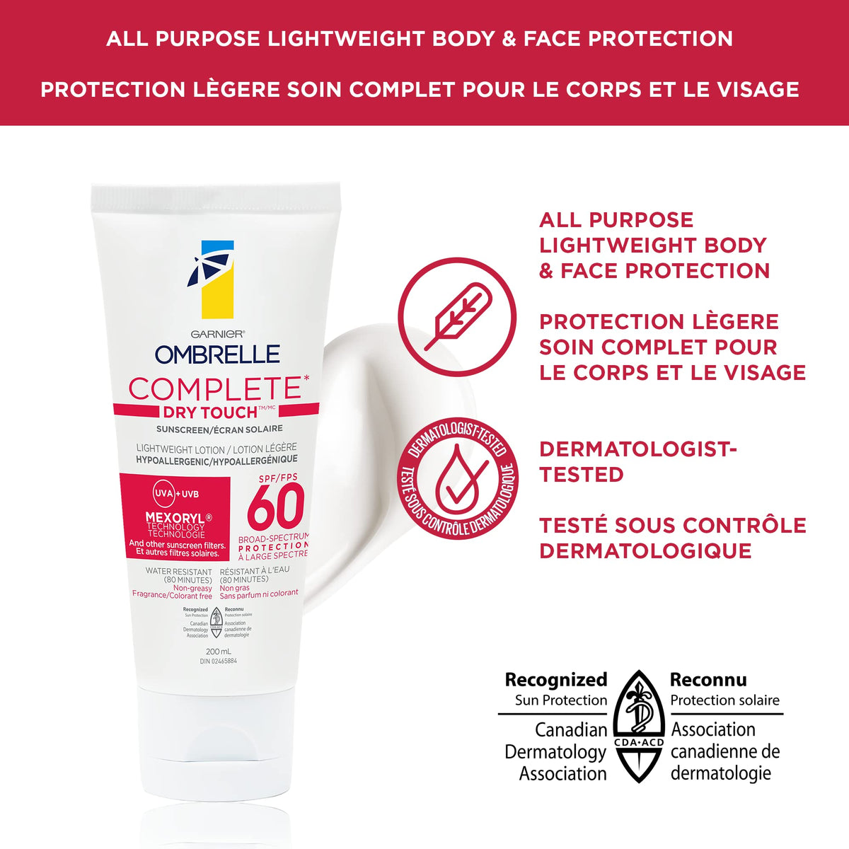 Non-greasy finish on skin highlights comfortable wear with Garnier Ombrelle.