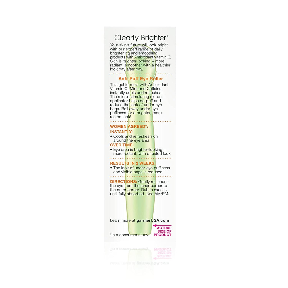 Garnier SkinActive eye roller application closeup—gentle massage helps illuminate tired eyes.