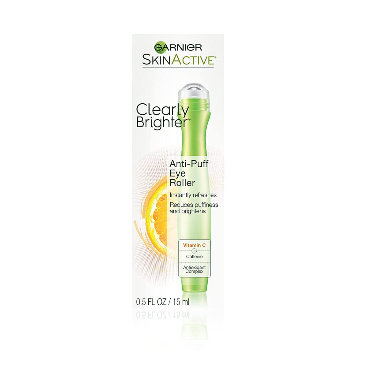 Garnier SkinActive Clearly Brighter Eye Roller bottle—cooling caffeine formula for puffiness.