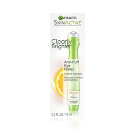 Garnier SkinActive Clearly Brighter Eye Roller bottle—cooling caffeine formula for puffiness.
