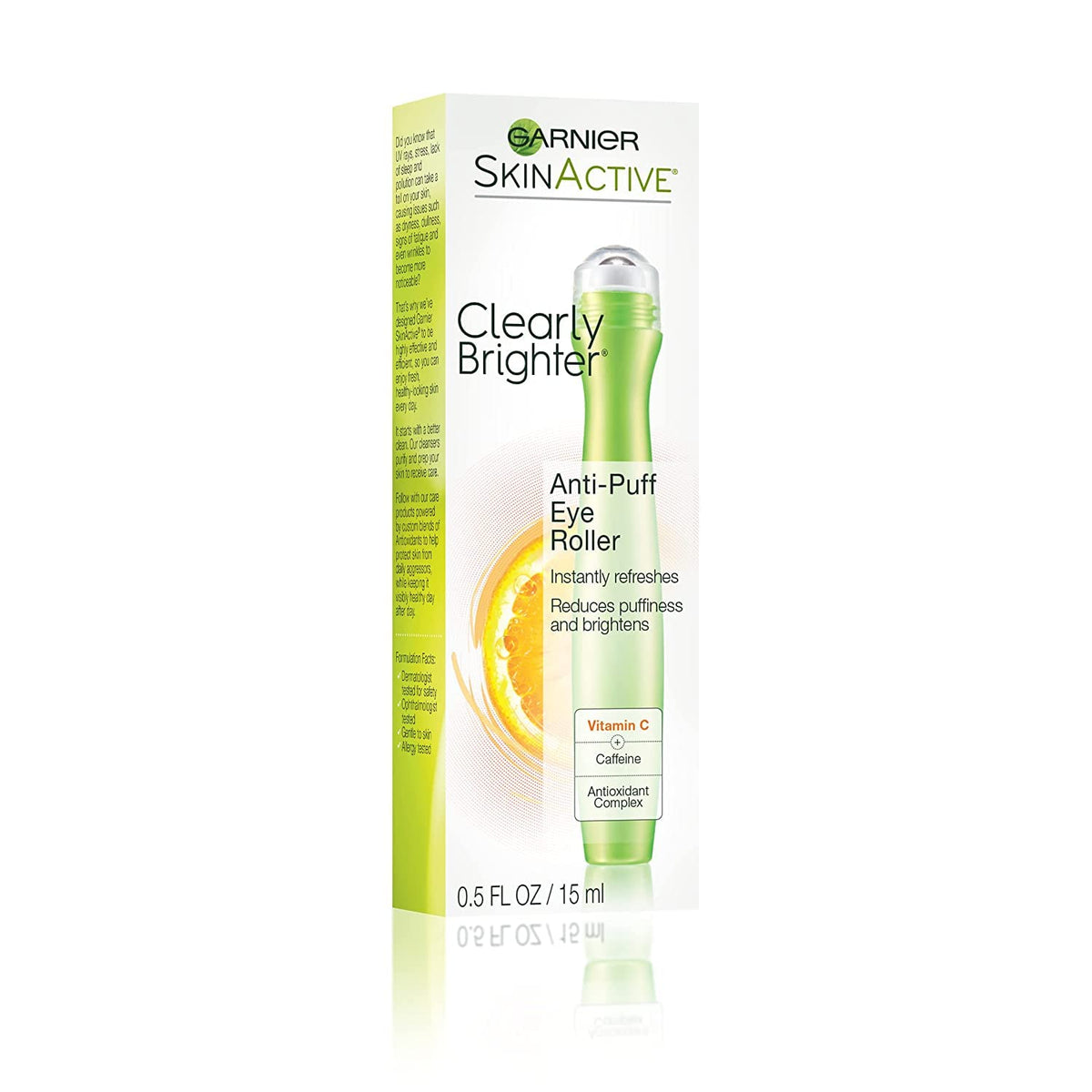 Garnier SkinActive Clearly Brighter Eye Roller under-eye use—soothing sensation and reduced darkness.