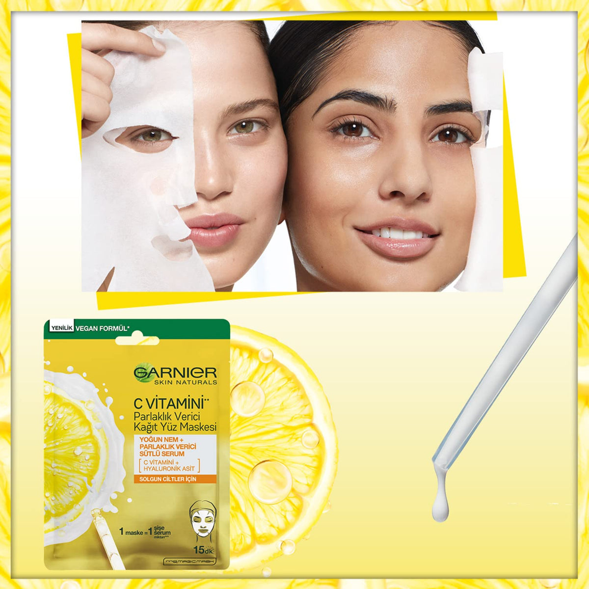 Garnier Vitamin C visual highlighting brightened skin tone.