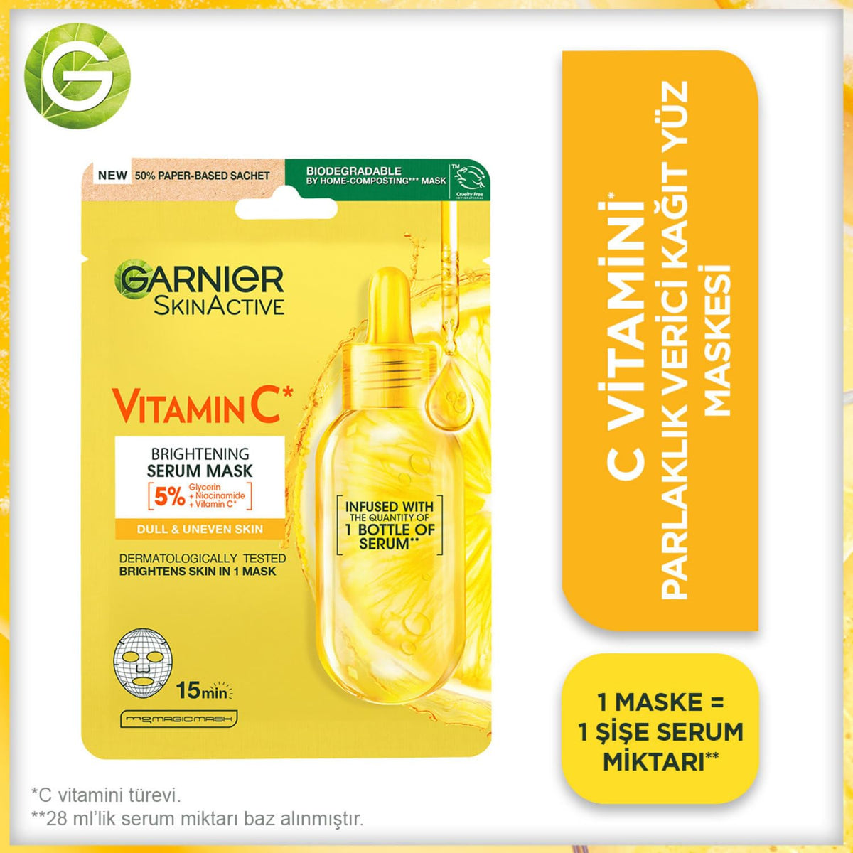 Garnier Vitamin C sheet mask on face for cooling hydration.