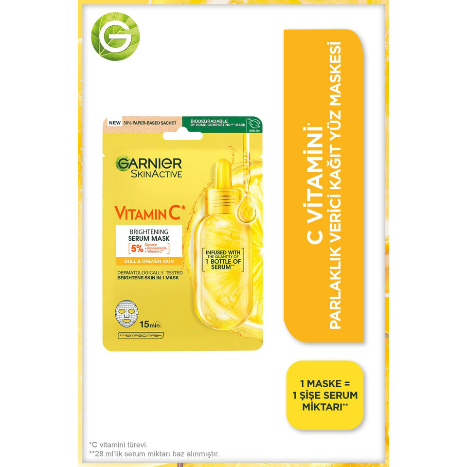 Garnier Vitamin C sheet mask pack for hydration and radiance.