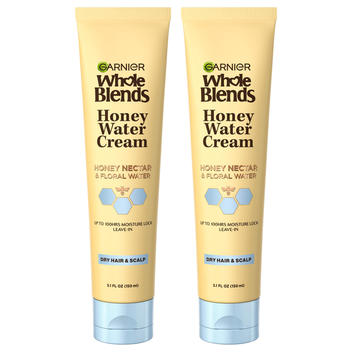 Garnier Whole Blends Honey Water Cream bottle for hydrated hair with a light, refreshing feel.