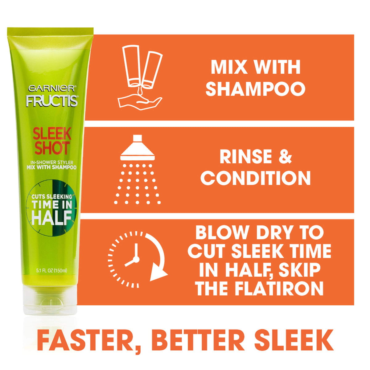 Garnier Fructis Sleek Shot in-Shower Styler with Shampoo 1:1 mixing for easy use.