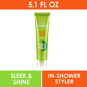 Garnier Fructis Sleek Shot bottle back view highlights ingredients for smoother results.