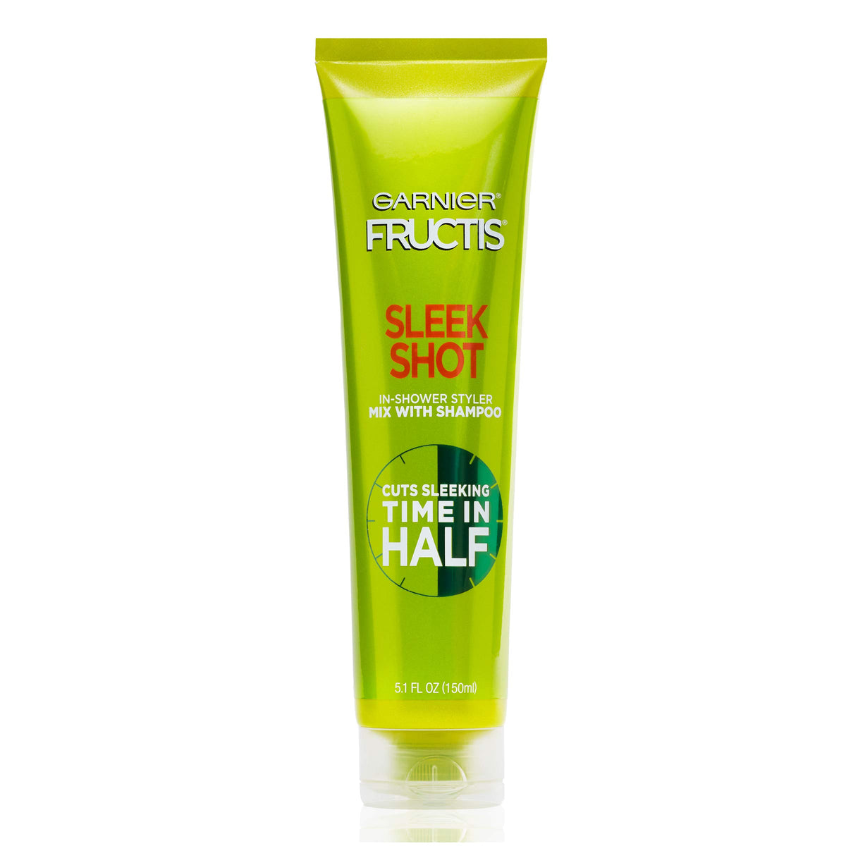 Garnier Fructis Sleek Shot in-Shower Styler bottle front view for quick, frizz-free styling.