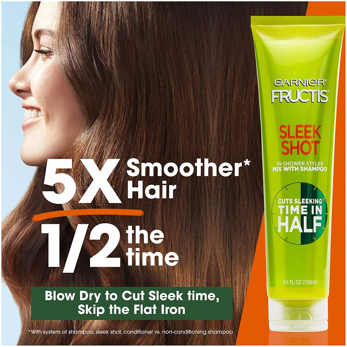 Garnier Fructis Sleek Shot in-Shower Styler applied during shower for faster styling.