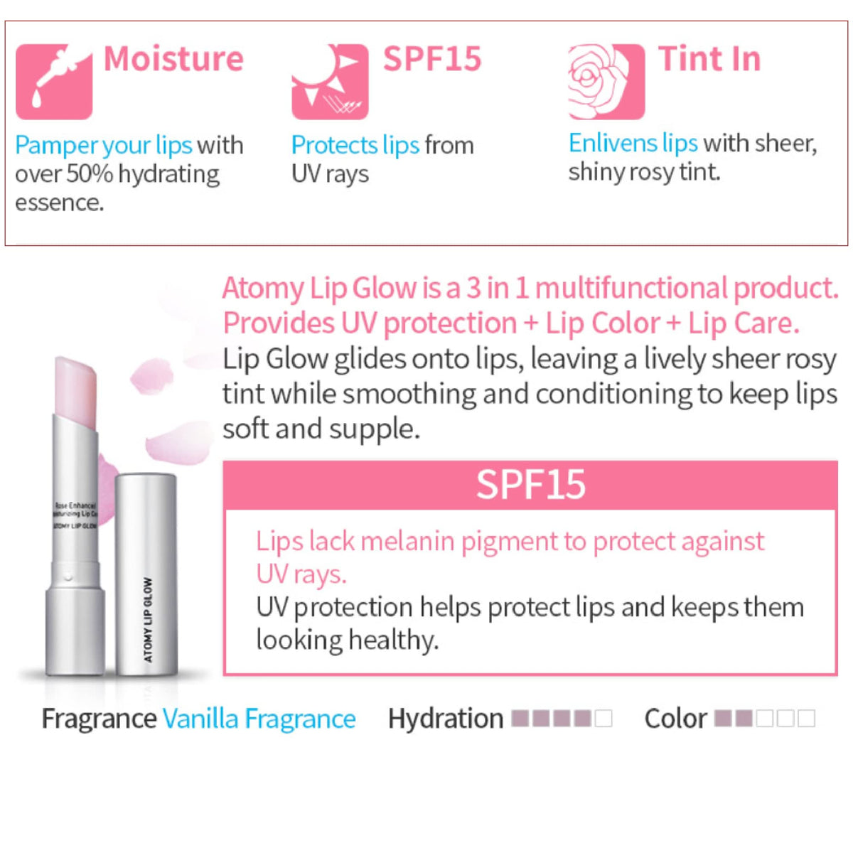 GASHINA STORY Atomy Lip Glow color swatch showing natural pink tint.