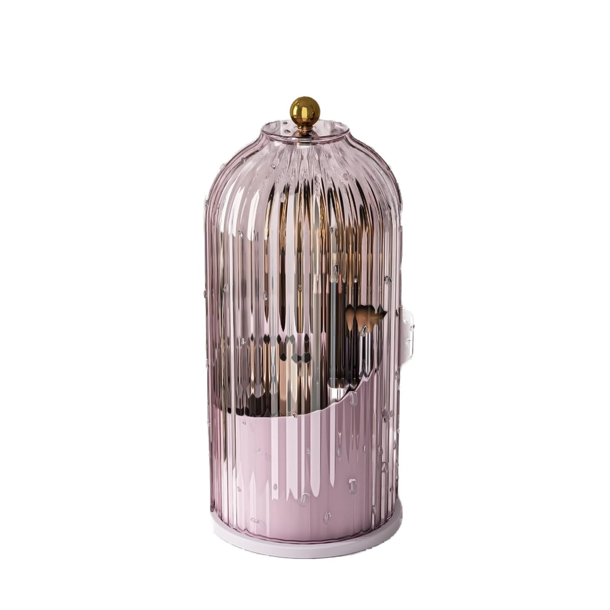 GAXmi makeup brush holder with lid showing 360° rotating action for quick access